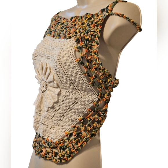 Hand Crafted Hexagon Silhouette Crochet Top Cotton & Acrylic Boho Multicolored - Picture 9 of 17